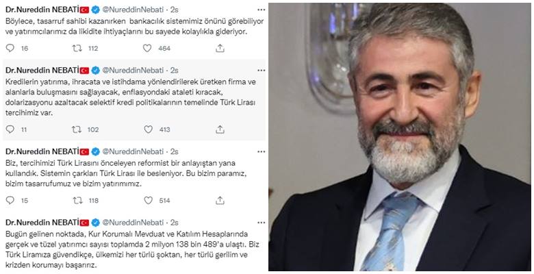 Maliye Bakanı Nureddin Nebati, sosyal medya hesabı üzerinden yaptığı paylaşımında